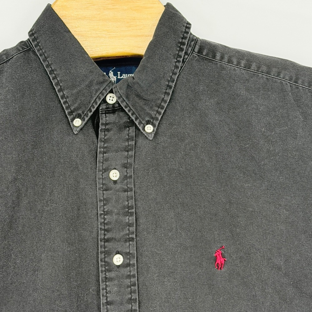 Vintage Ralph Lauren Button Down Shirt Men XL Black Faded Blaire Cotton Red Pony